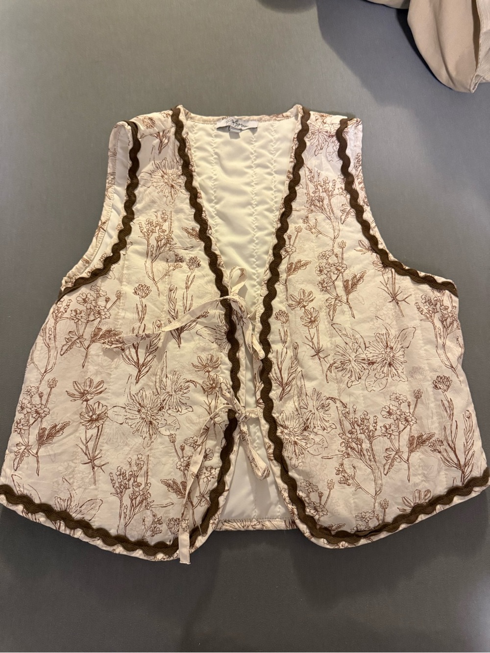 Floral Print Quilted Vest with Brown Trim - Women's
